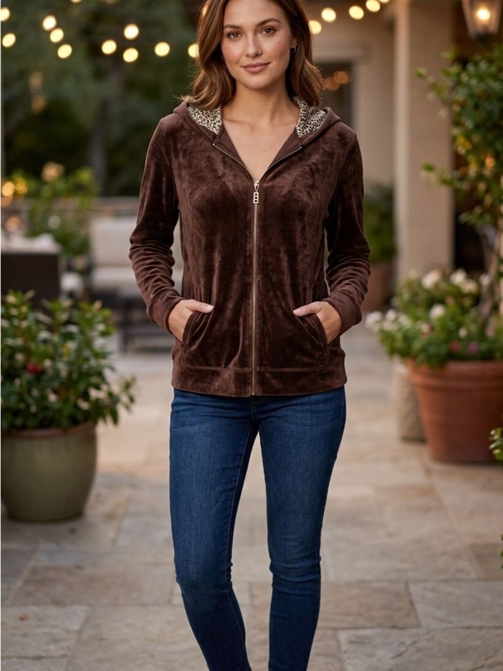 Three Hearts Brown Velour Zip Track Jacket Sweatshirt Hoodie Sz M